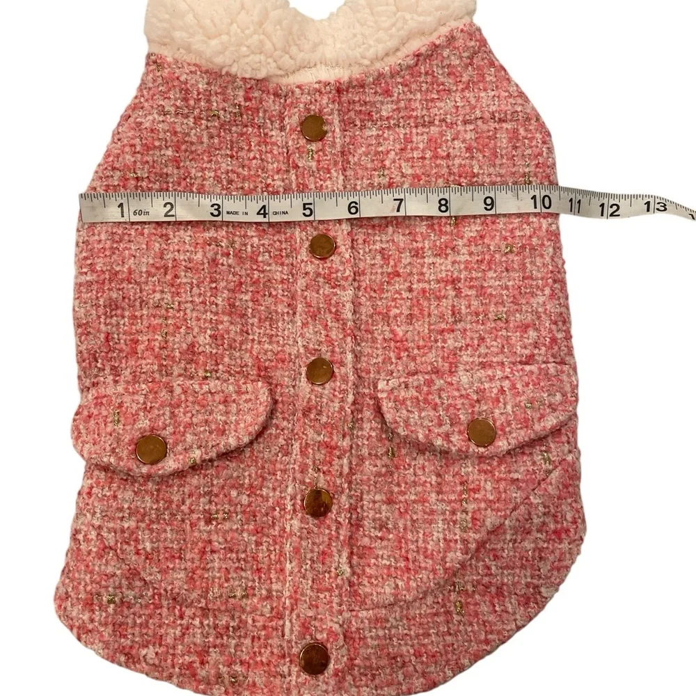 Top Paw Tweed Pink and Gold Dog Coat with Bronze Buttons.